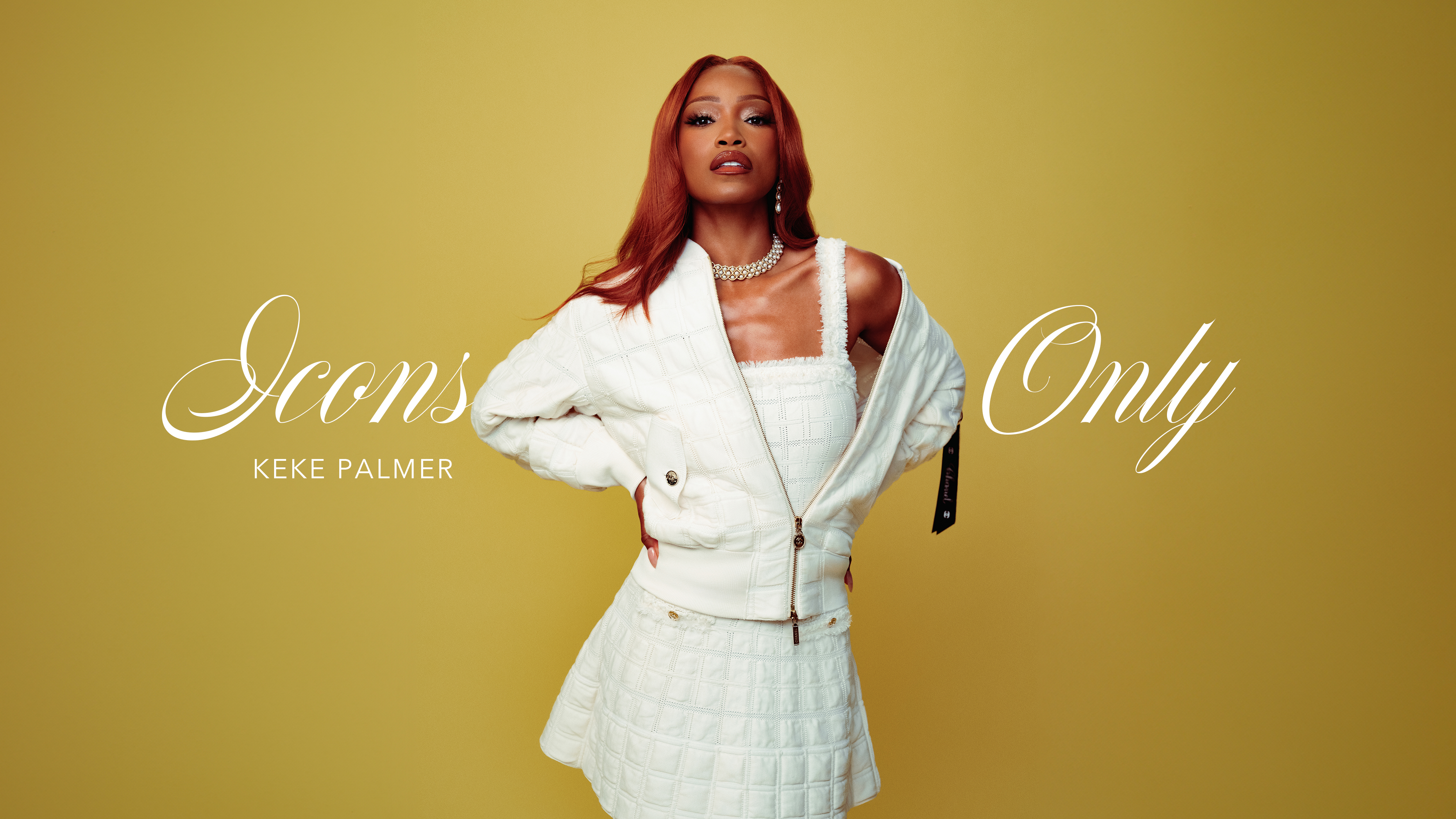 Hero image for Keke Palmer's July Who What Wear cover story. She is wearing a white jacket, top, and skirt set from Chanel. The words "Icons Only" and "Keke Palmer" are written on the image.