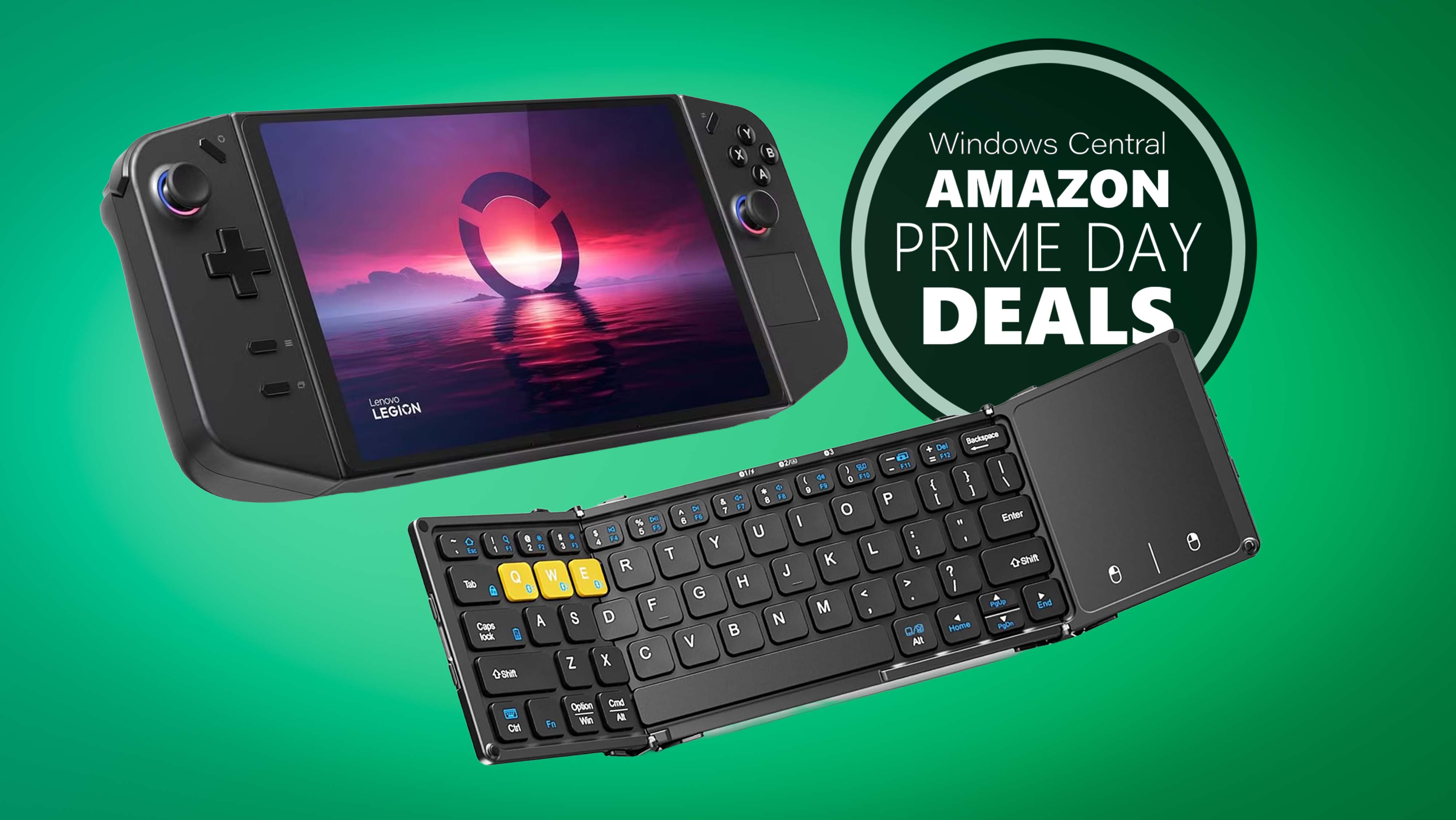 Lenovo Legion Go with a Artciety Foldable Wireless Keyboard in front of it. A graphic reads, "Windows Central Amazon Prime Day Deals."
