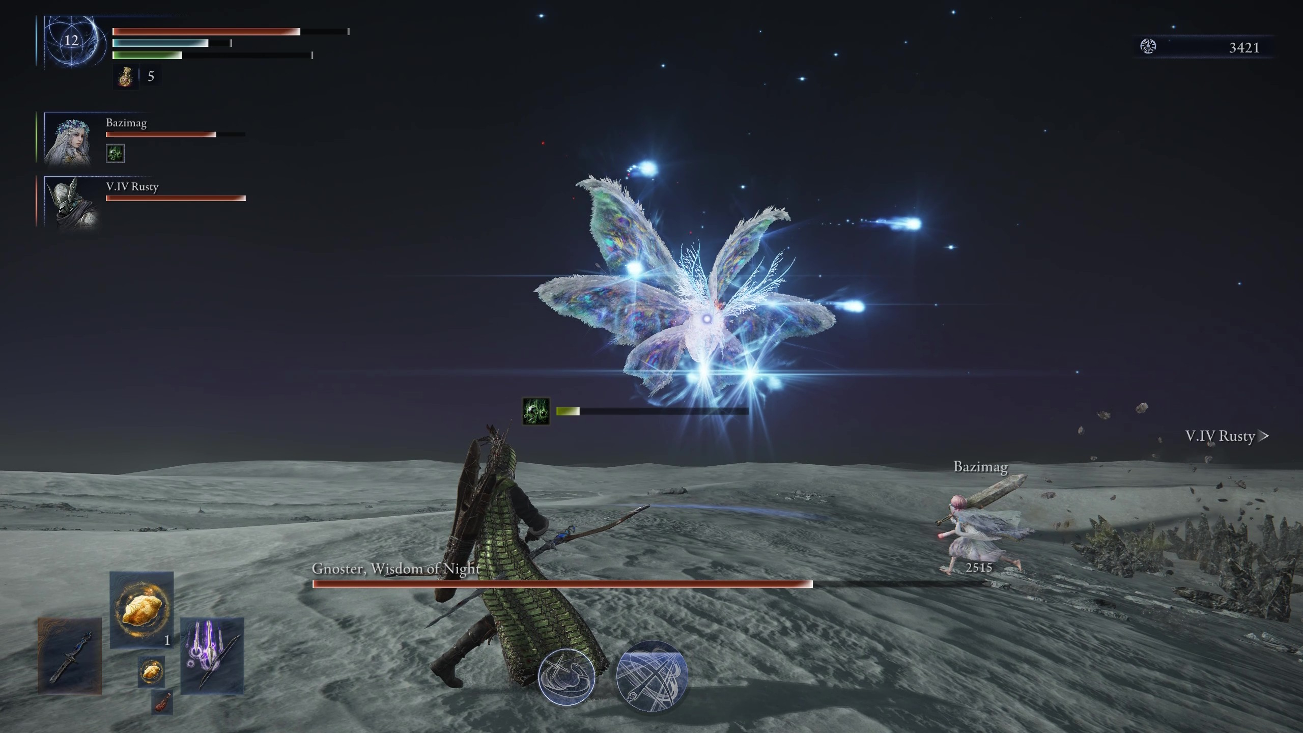 Elden Ring Nightreign Sentient Pest guide: The moth Gnoster firing magic bolts at Ironeye and Revenant as they strafe.