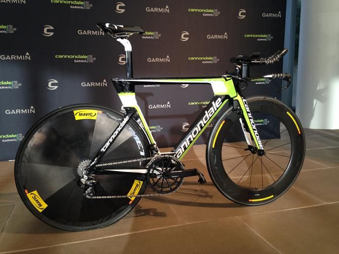 Full disc rear wheel on one of the Cannondale Slice RS time trial bikes