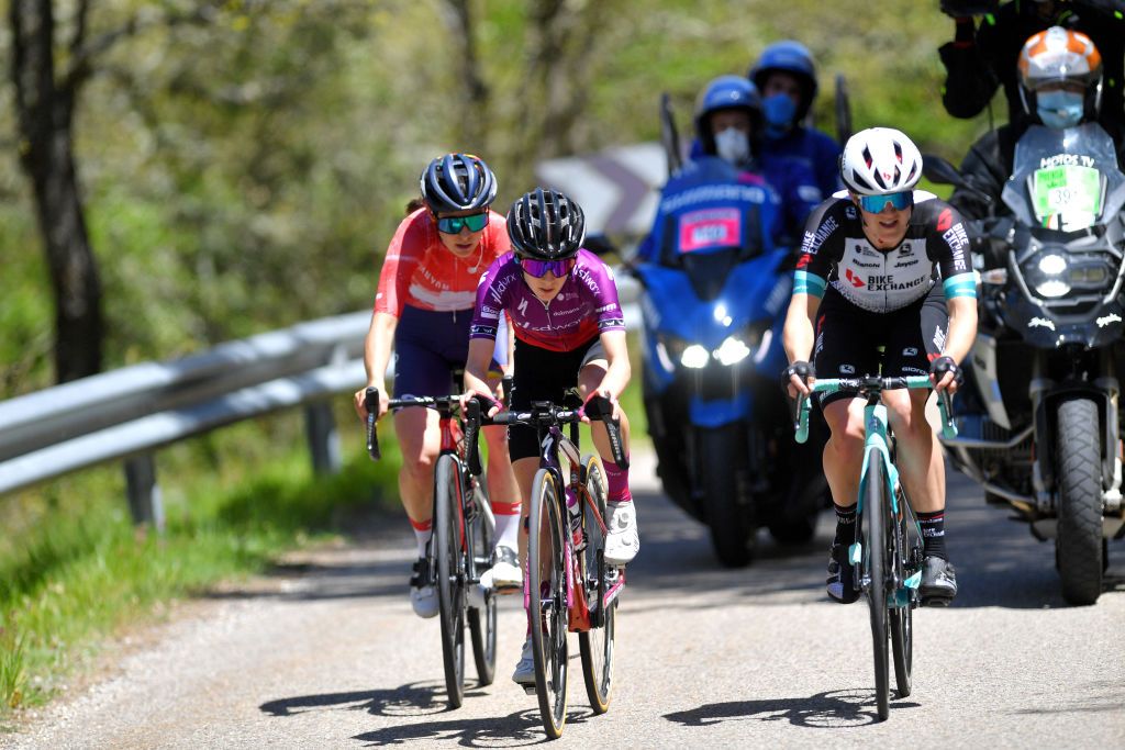 SARGENTES DE LA LORA SPAIN MAY 20 Elise Chabbey of Switzerland and Team Canyon SRAM Racing Niamh FisherBlack of New Zealand and Team SD Worx Grace Brown of Australia and Team BikeExchange in breakaway during the 6th Vuelta a Burgos Feminas 2021 Stage 1 a 100km stage from Villadiego to Sargentes de la Lora 1013m VueltaBurgos BurgosFem UCIWWT on May 20 2021 in Sargentes de la Lora Spain Photo by Luc ClaessenGetty Images