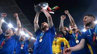 Italy's football team celebrating winning the 2020 Euros Championship