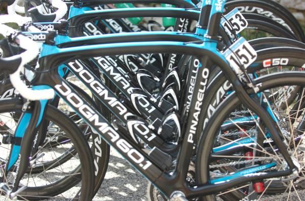 Team Sky's Pinarello's lined up prior to the start of the race.