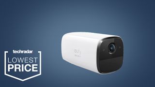 The Eufy SoloCam E20 on a blue background