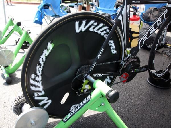 Team Exergy wheel sponsor Williams Cycling's unique rear disc is more like a filled-in four-spoke wheel.