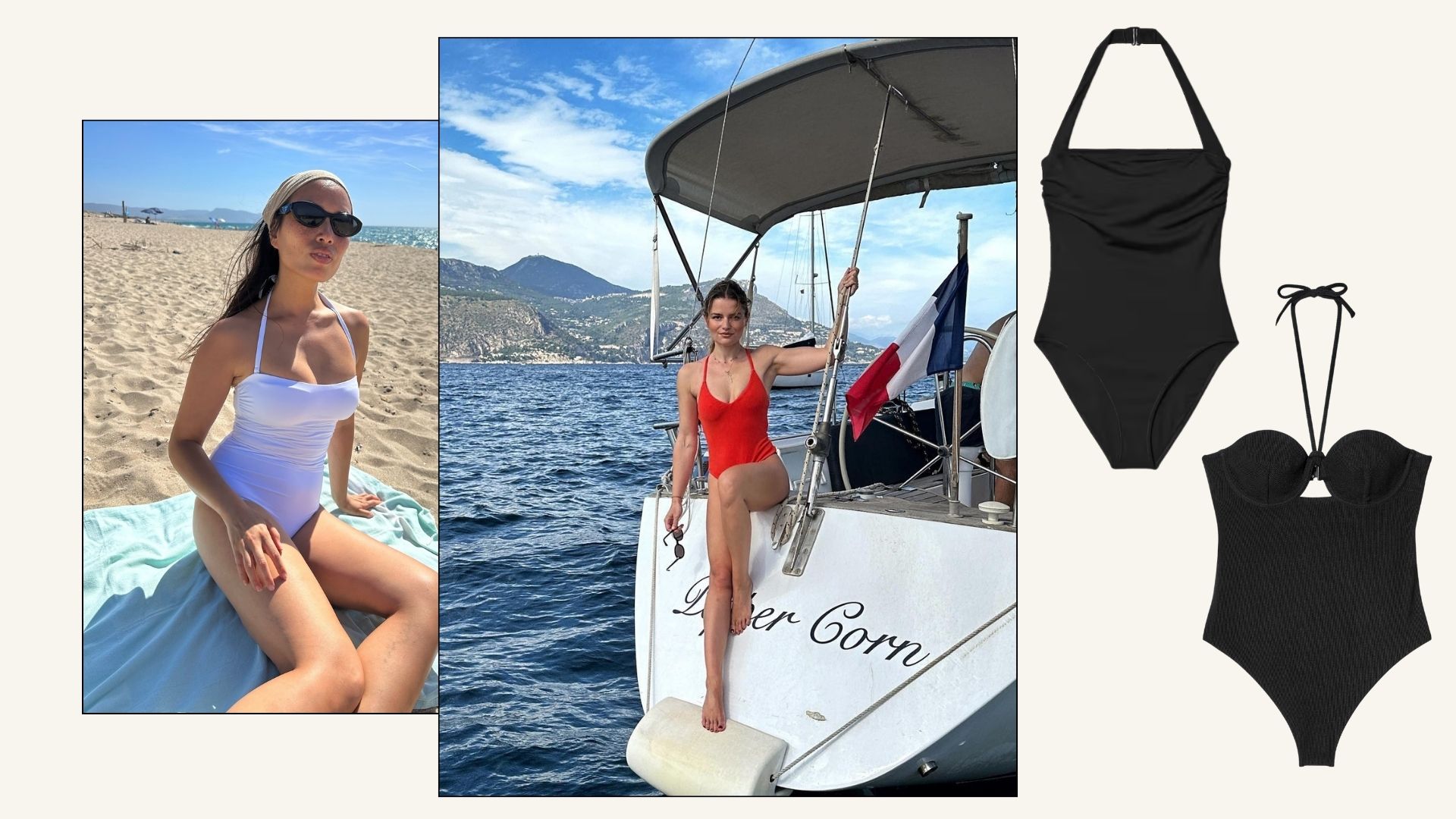 Influencers @vikilefevre and @sabinasocol wear halterneck swimsuits at the beach.