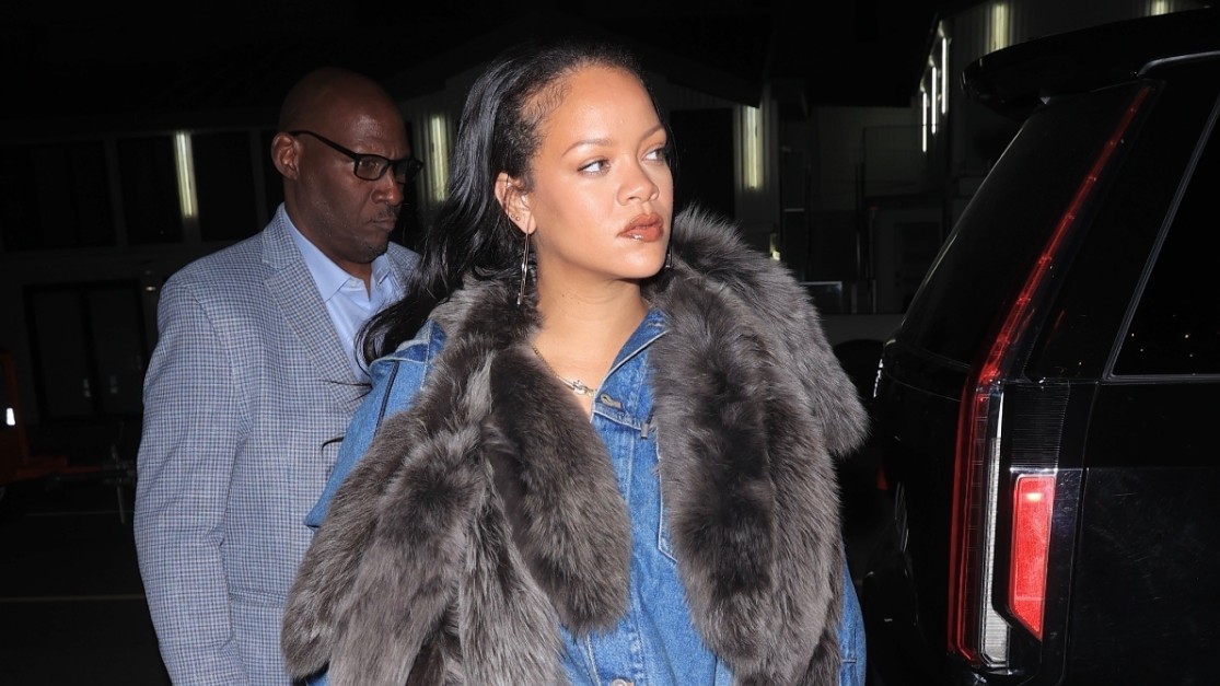 Rihanna is chic in a denim ensemble paired with fur shaw and new Dior bag as she enjoys a late night dinner at Giorgio Baldi in Santa Monica