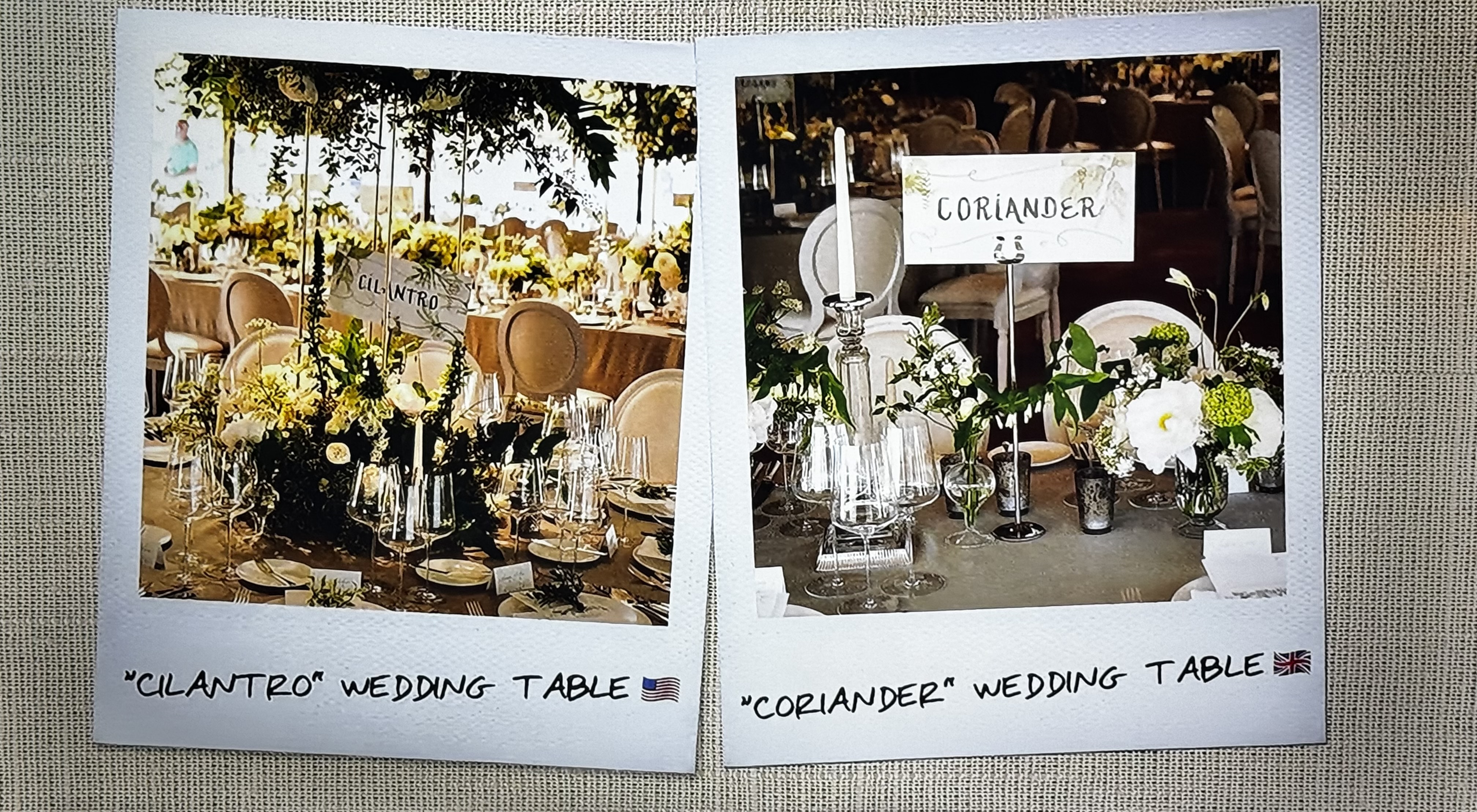 Two photos of tables at Prince Harry and Meghan Markle&#039;s wedding reception with white flowers and candles
