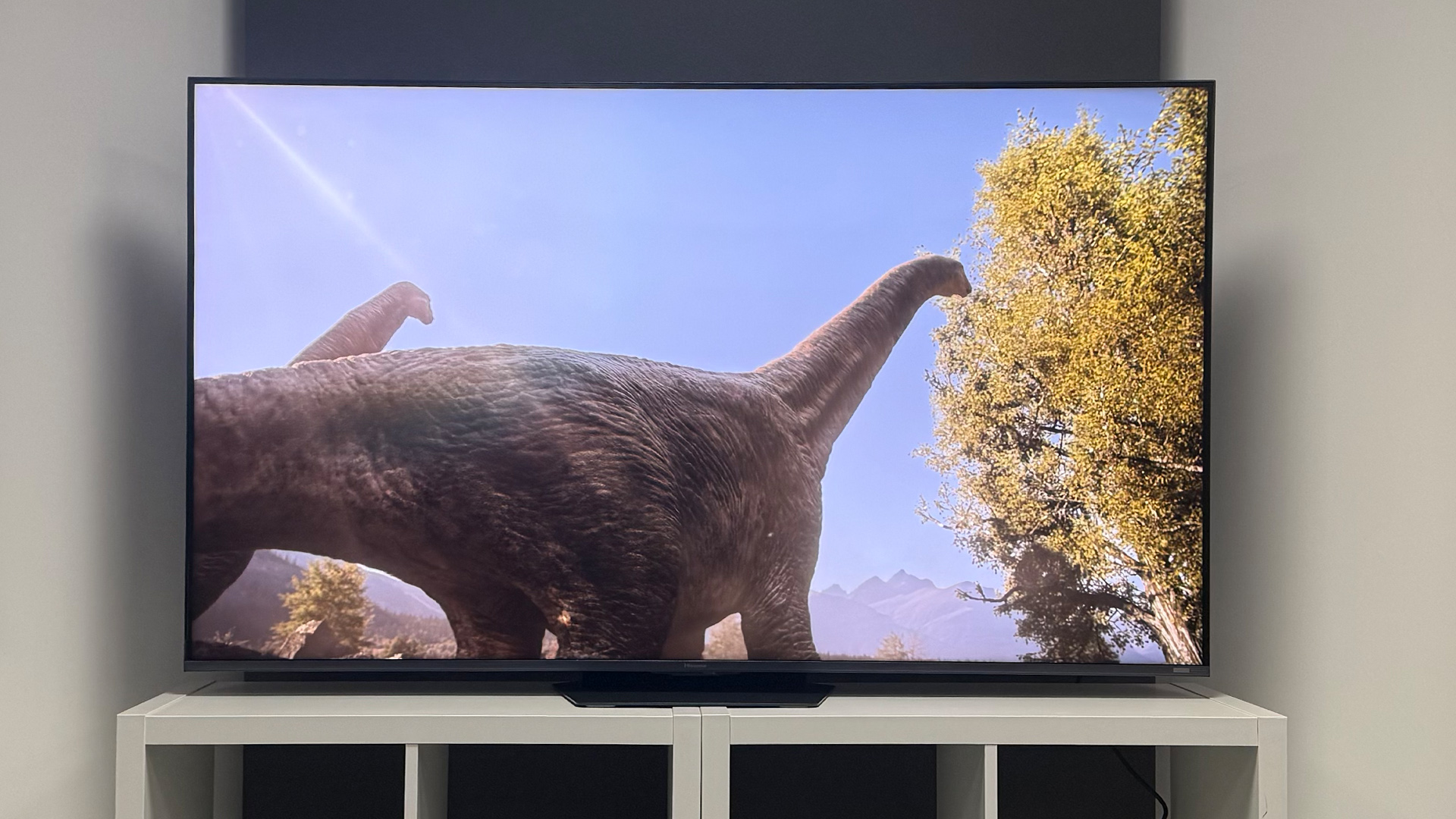 The 65-inch Hisense UR9 RGB Mini LED TV, photographed on a white, wooden unit. On the screen is a still from Netflix documentary, The Dinosaurs.