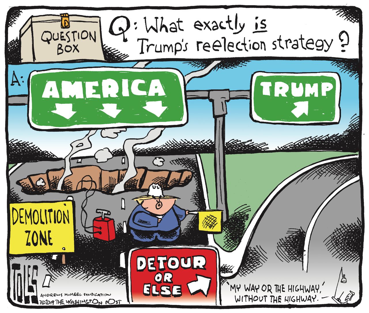 Political Cartoon U.S. America and Trump Detour or Else