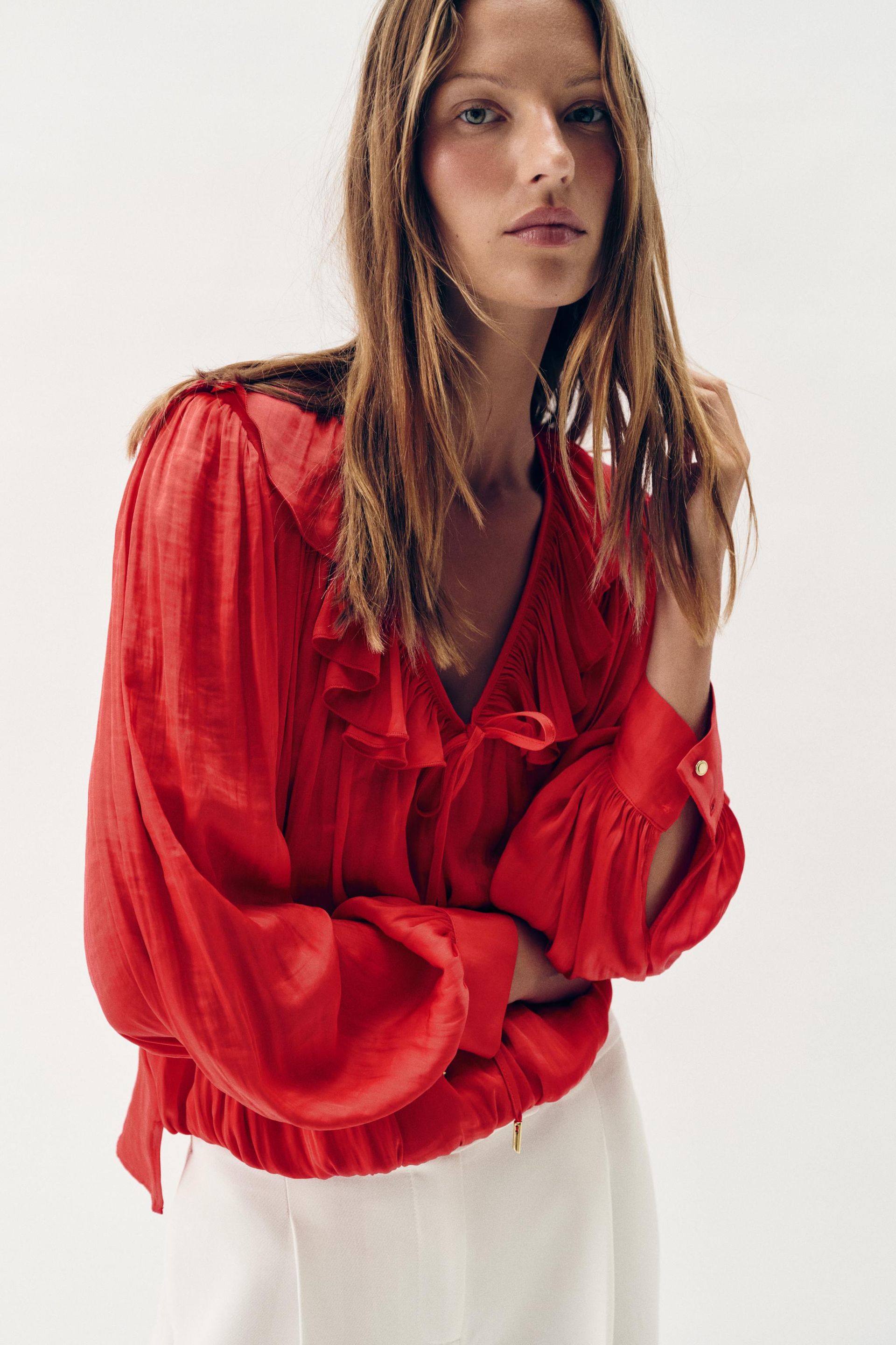 Satin Blouse With Ruffles and Shoulder Pads