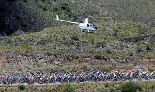 A helicopter keeps close tabs on the Tour de San Luis peloton.