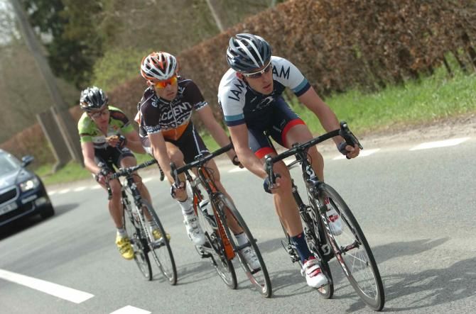 The day's breakaway: Primin Lang (IAM Cycling), Jurgen van Goolen (Accent Jobs - Wanty) and Gilles Devilliers (Crelan-Euphony)
