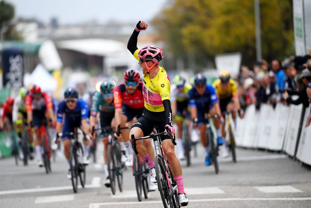 TAVIRA PORTUGAL FEBRUARY 17 Magnus Cort Nielsen of Denmark and Team EF Education Easypost Yellow Leader Jersey celebrates at finish line as stage winner during the 49th Volta ao Algarve em Bicicleta 2023 Stage 3 a 2031km stage from Faro to Tavira VAlgarve2023 on February 17 2023 in Taviria Portugal Photo by Tim de WaeleGetty Images