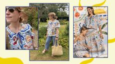 two shots of matilda and a model shot wearing the monsoon printed blouse