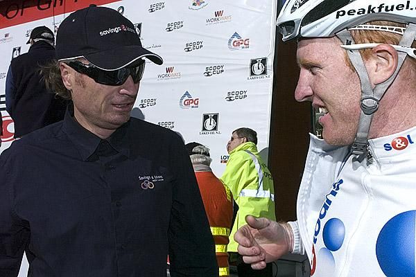 Former Aussie Tour de France rider Patrick Jonker congratulates his Savings and Loans rider Joel Pearson on his win in Sale.