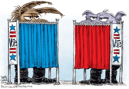 Political cartoon U.S. 2016 election Donald Trump Hillary Clinton voting booths