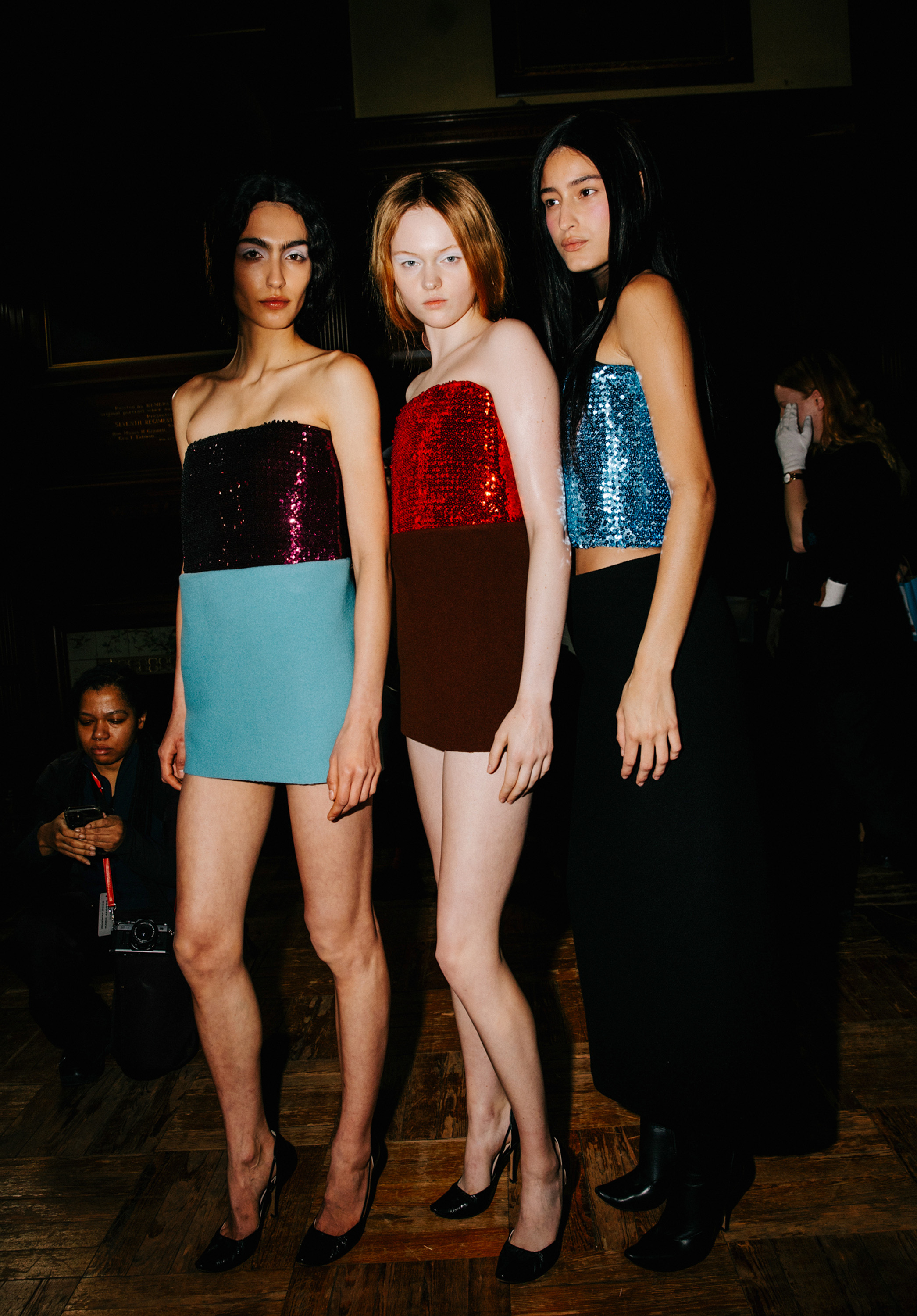 Three models backstage at the Marc Jacobs Fall 2026 show