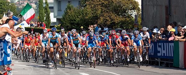 Belgium's Nick Nuyen's (centre) keeps things ticking over in the peloton.