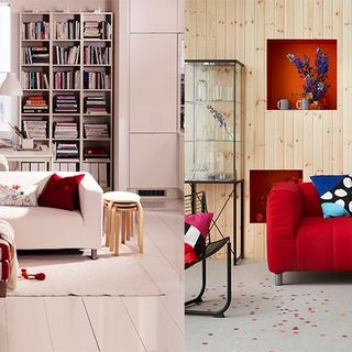 living room with white and red sofa book shelve and wooden wall
