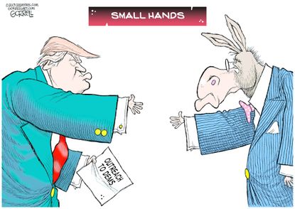 Political Cartoon U.S. President Trump Democrats Schumer outreach small hands
