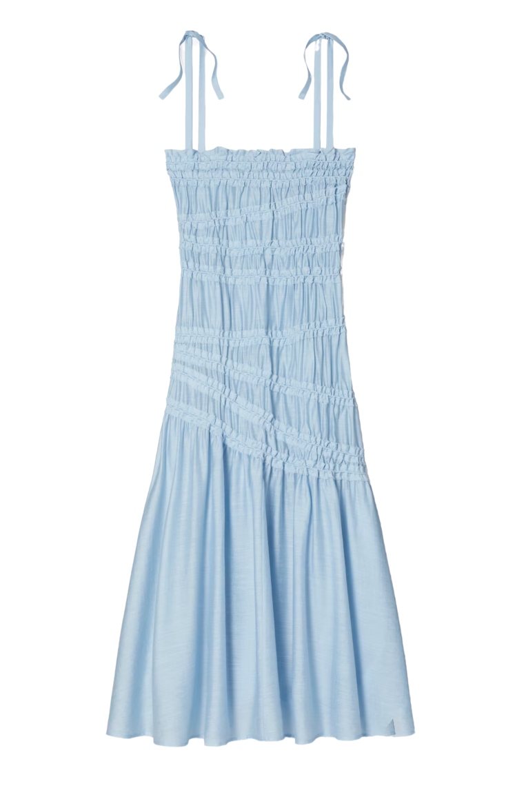 Shoulder Tie Smocked Viscose Dress in Blue, Size L