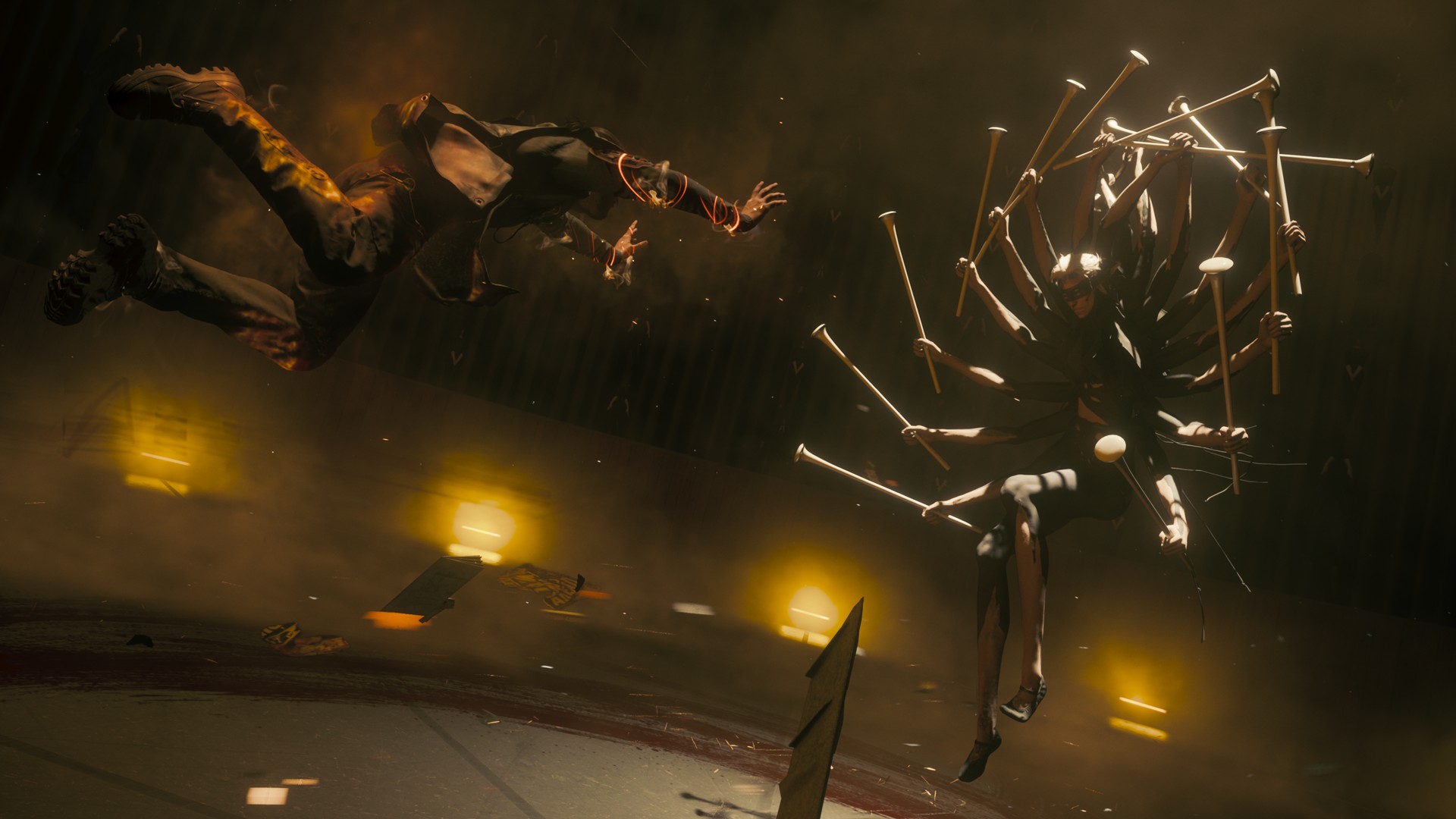 Dylan reaches out towards the Dancer resonant in Control Resonant, who wields many sticks with many arms in a dark room