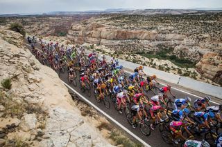 The peloton rides through the red rocks of Southern Utah during the 2013 Larry H. Miller Tour of Utah.