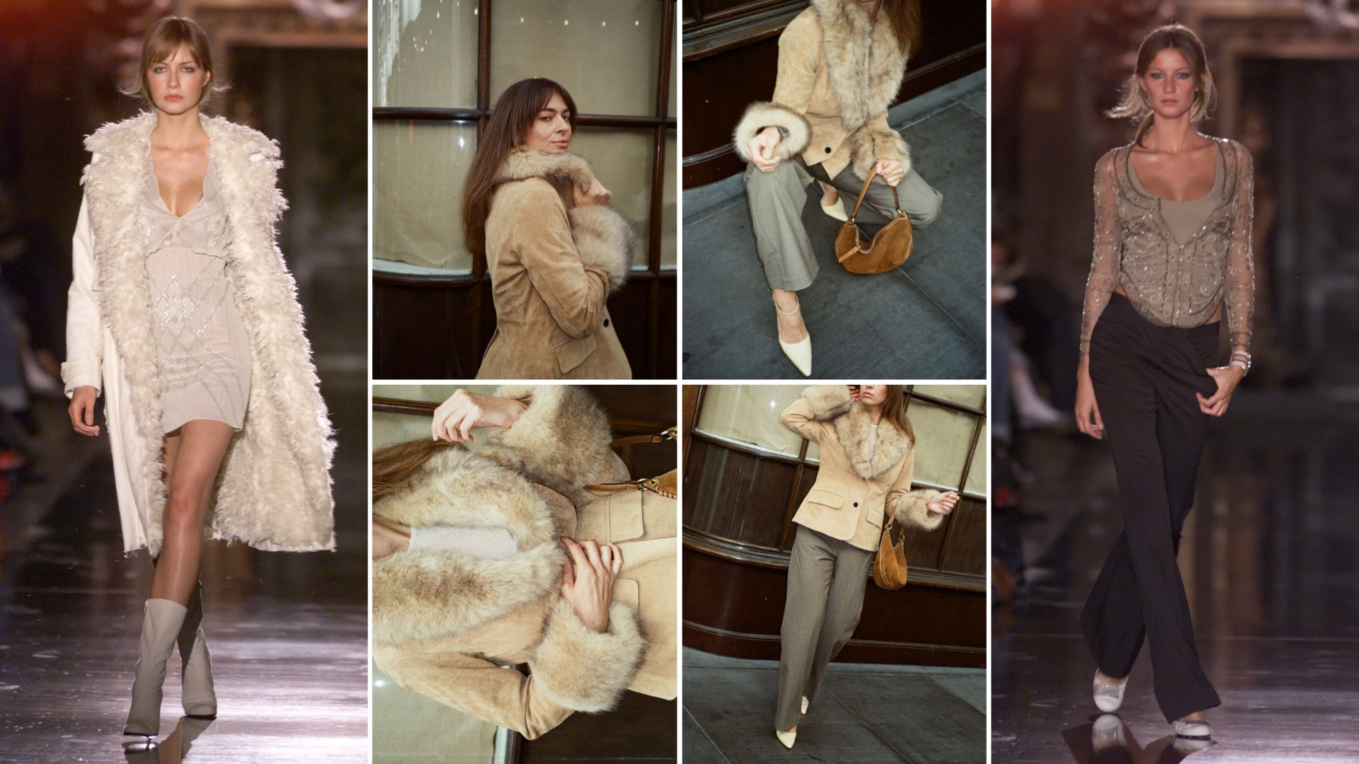 Split image of chloe fall 2000 runway looks with Kathryn Zahorak modeling a fur-trimmed jacket