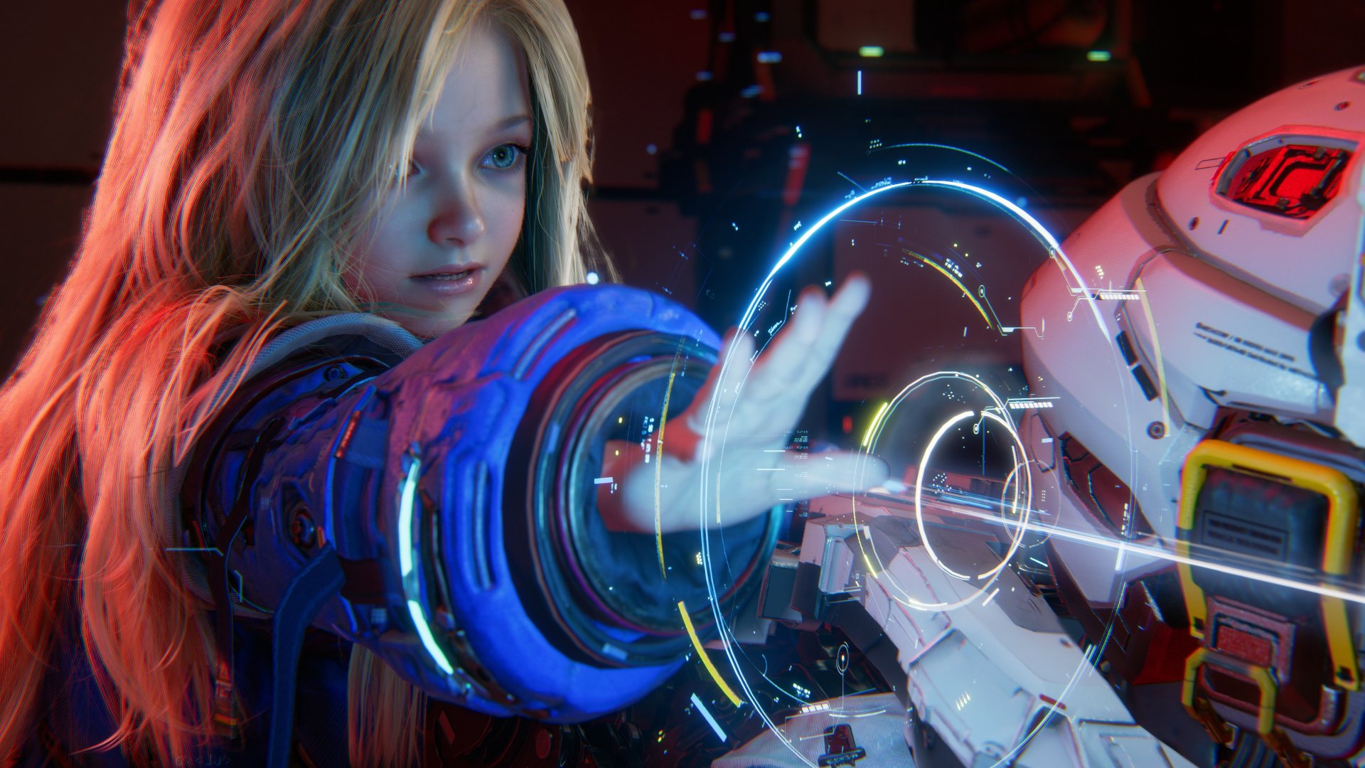 Pragmata screenshot showing Diana, an android who looks like a little girl with long blonde hair, using what appears to be a hacking ability 