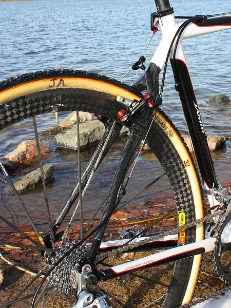 Carbon seat stays are matched to aluminum chain stays.