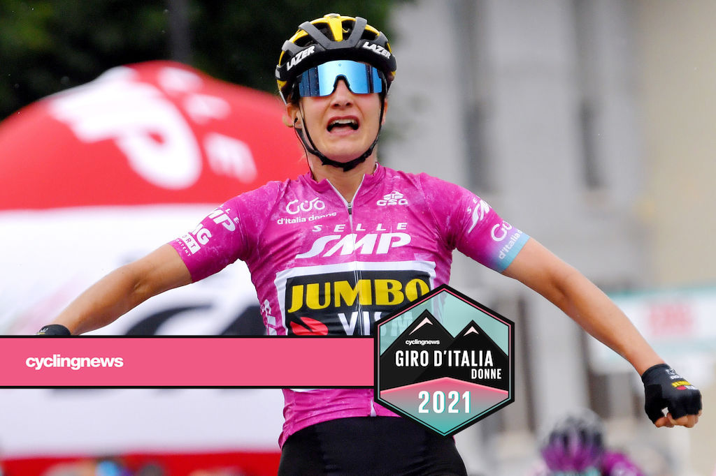 PUEGNAGO DEL GARDA, ITALY - JULY 08: Marianne Vos of Netherlands and Jumbo Visma Team Purple Points Jersey stage winner celebrates at arrival during the 32nd Giro d'Italia Internazionale Femminile 2021, Stage 7 a 109,6km stage from Soprazocco di Gavardo to Puegnago Del Garda 219m / #GiroDonne / #UCIWWT / on July 08, 2021 in Puegnago del Garda, Italy. (Photo by Luc Claessen/Getty Images)