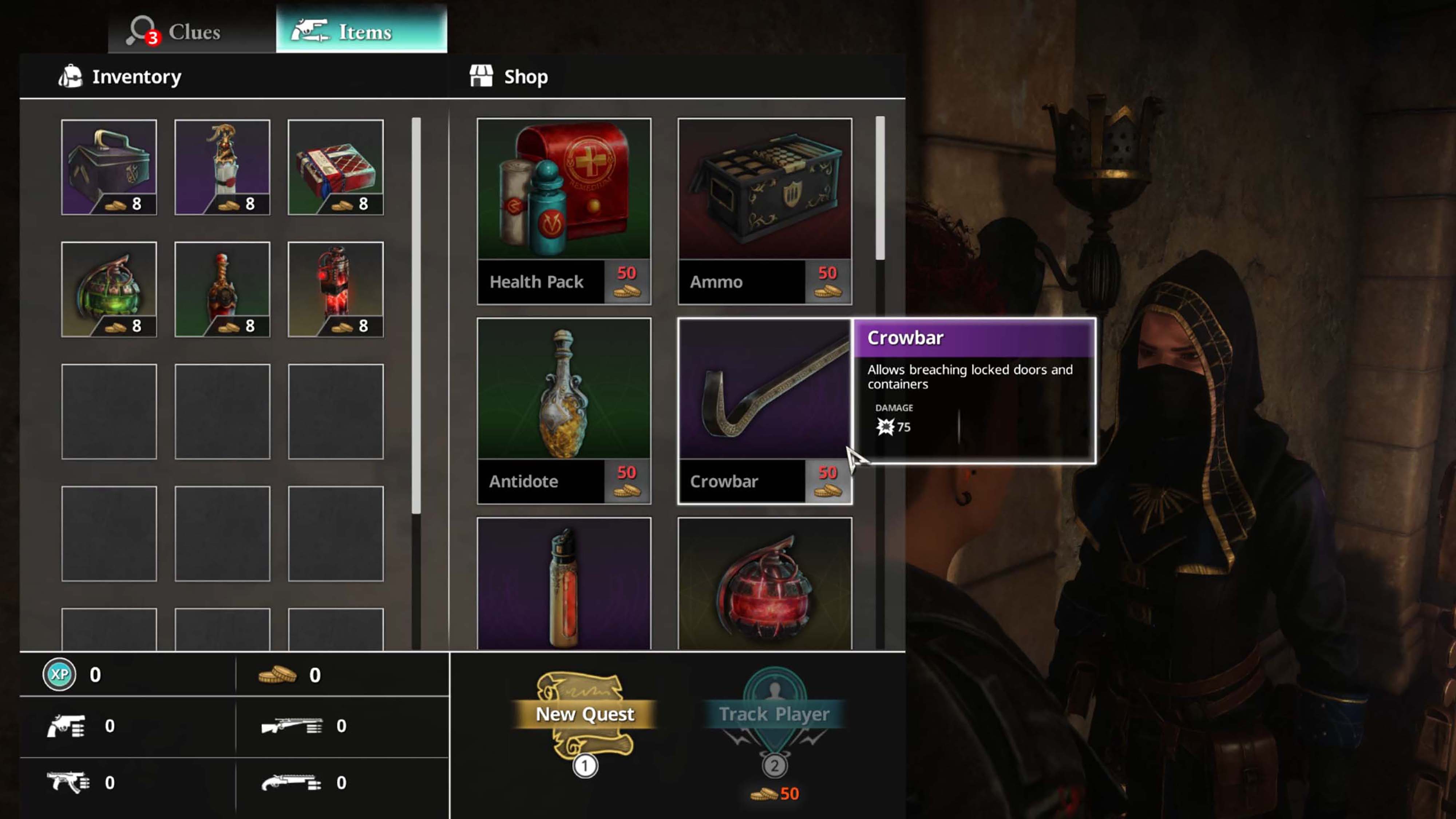 A screenshot from Killer Inn depicting a vendor store with a Crowbar selected.