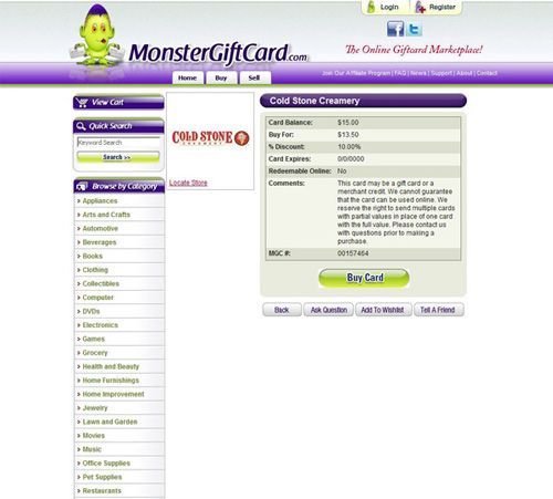 Monster Gift Card image: The service provides important information, such as the card balance and the discount offered for each card that you buy.