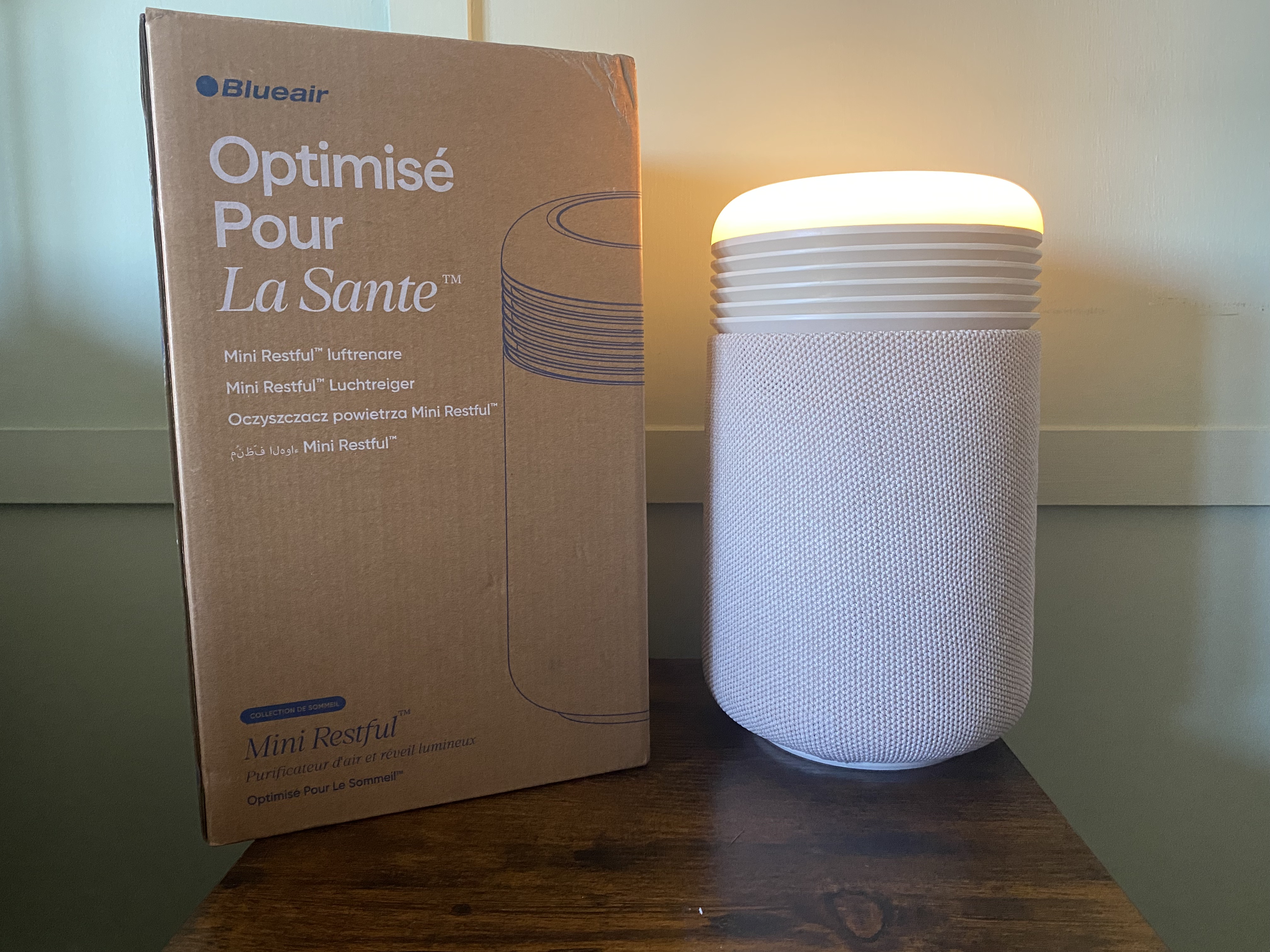 Blueair Mini Restful Sunrise Alarm Air Purifier next to box