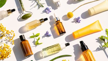 skincare bottles and botanicals