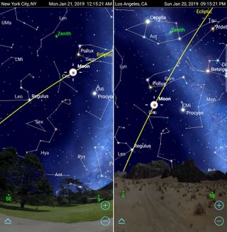 You can use your astronomy app to find where the moon will be in the sky during the eclipse. Adjust the app's date and time settings to those corresponding to totality or other stages of the eclipse. Once you're outside, enable your app's compass mode and hold your device up to the sky. Move the device around until the moon appears in the display, and then note the direction and height of the moon. These panels show totality for New York and Los Angeles. The direction, heights and local times are different for the two cities.