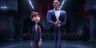 Spies In Disguise Walter and Lance walking away from a room full of henchmen