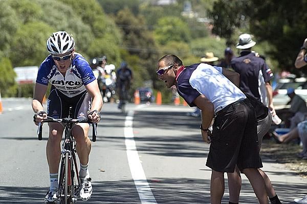 Michael Hepburn receives some encouragement on the climb up the Midland Highway as Jayco/Skins teammate Malcolm Rudolph tries to bridge the gap in the background.
