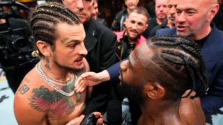 Sean O'Malley and Aljamain Sterling have words after Sterling's victory over Henry Cejudo in the UFC bantamweight championship fight during the UFC 288 event at Prudential Center on May 06, 2023 in Newark, New Jersey.