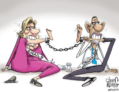 Political cartoon U.S. Barack Obama Hillary Clinton scandals