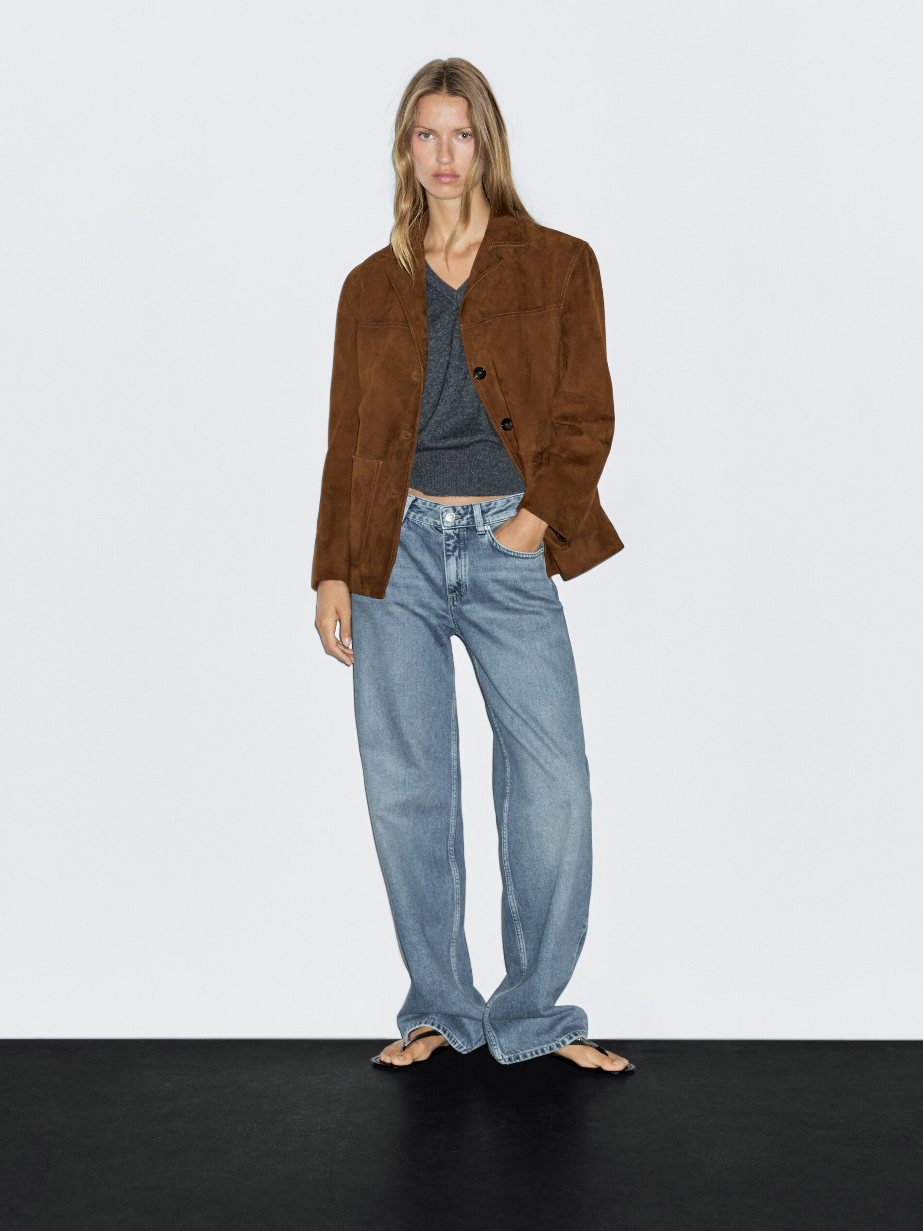 Suede Leather Blazer With Topstitching