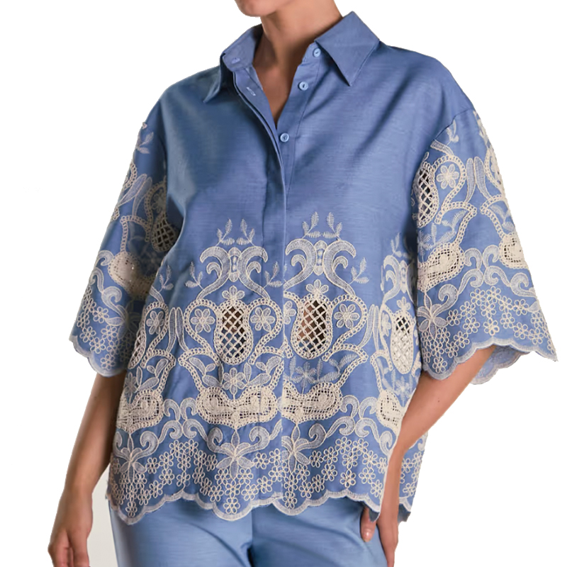 blue and cream broderie anglais top, glamorous