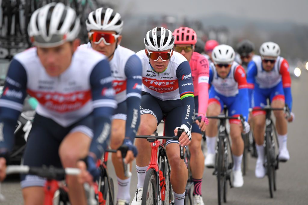 LA CALMETTE FRANCE FEBRUARY 04 Mads Pedersen of Denmark and Team Trek Segafredo during the 51st toile de Bessges Tour du Gard 2021 Stage 2 a 154km stage from SaintGenis to La Calmette EDB2020 on February 04 2021 in La Calmette France Photo by Luc ClaessenGetty Images