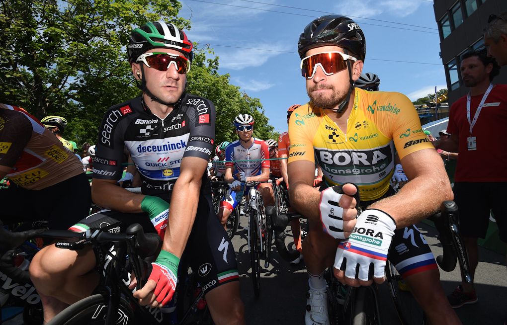 Elia Viviani and Peter Sagan before the start of stage 5 at Tour de Suisse