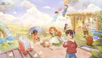 Happy people frolic around a peaceful, natural environment. 