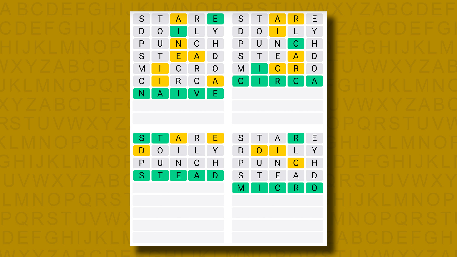 Quordle responde al juego 1042 sobre un fondo amarillo