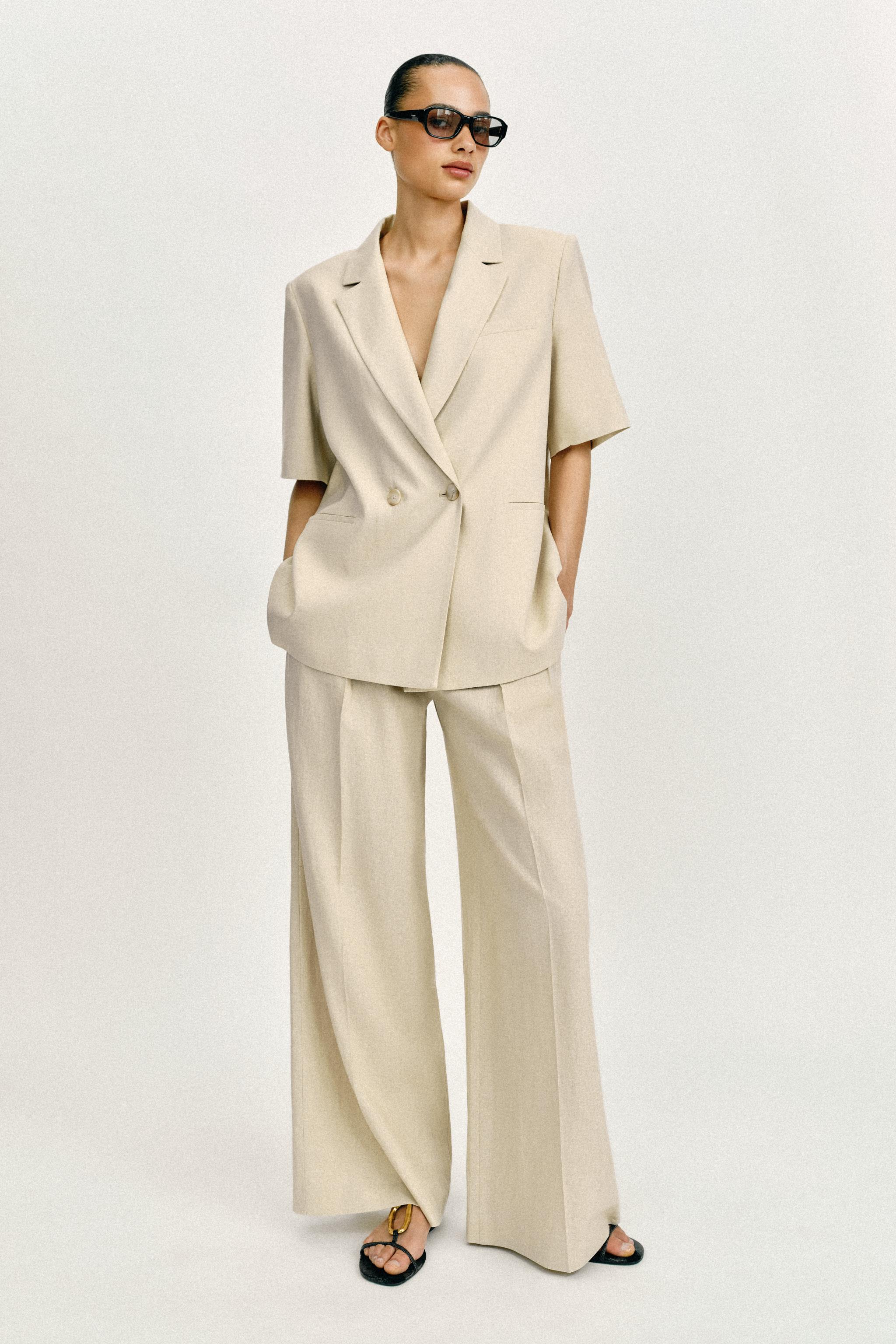 Short Sleeve Linen Blend Double Breasted Blazer