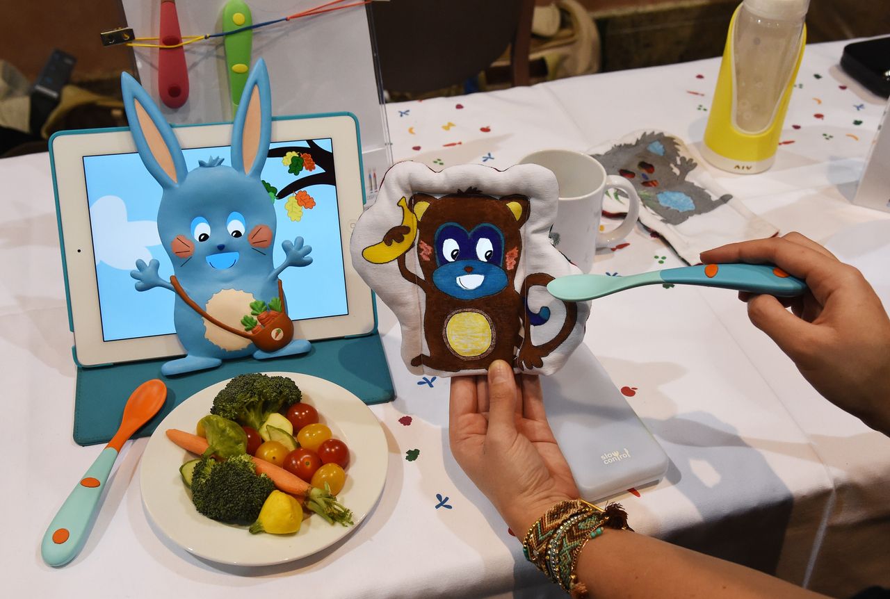 LAS VEGAS, NV - JANUARY 04:Slow Control's Yum &amp; Done, the first smart spoon and a cuddly toy to help make kids eat their vegetables, is displayed during a press event for CES 2016 at the Mand