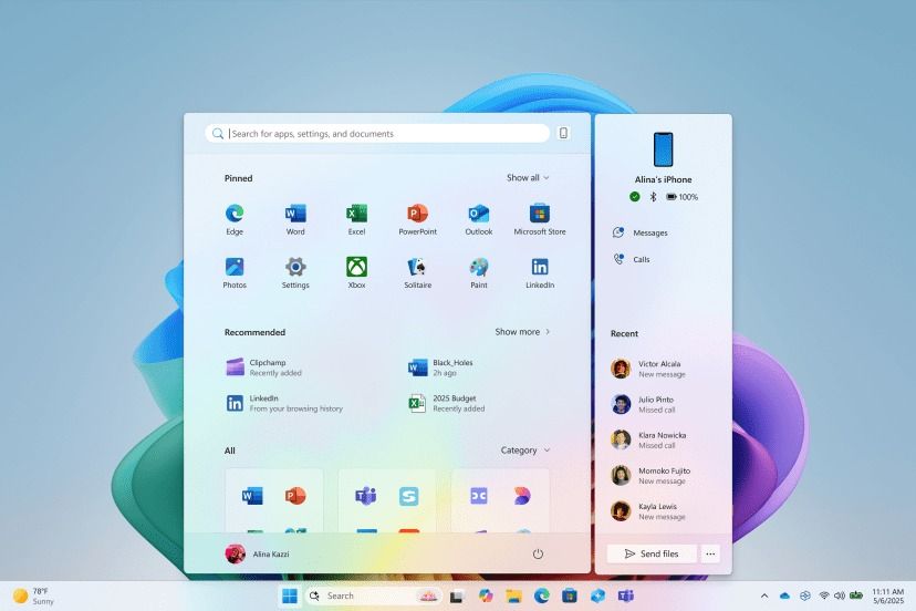 Windows 11 new start menu and AI actions